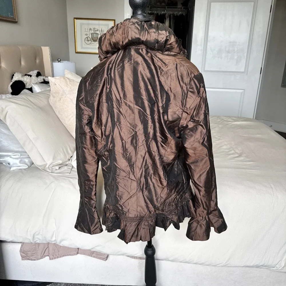 Zina Eva 100% Silk Vintage Brown Ruffle-Trim Jacket